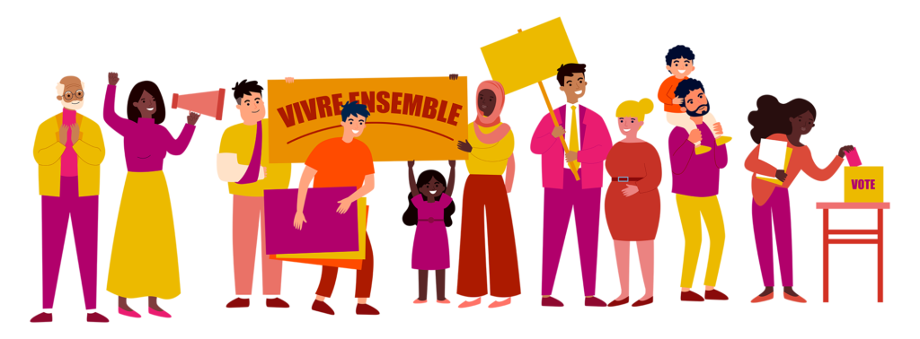 Illustration aux couleurs de la PRDS qui illustre plusieurs personages de nationalités différentes, certains avec handicape, qui favorise la participation sociale et le vivre-ensemble